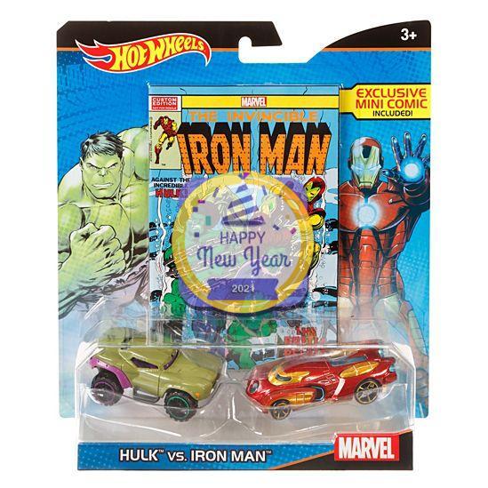 Hot Wheels Marvel Hulk vs. Iron Man Character Car 2-Pack with Mini Comic